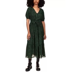 Michael Kors Women Dark Green Floral Belted Boho Midi Dress Petite Size P/XS